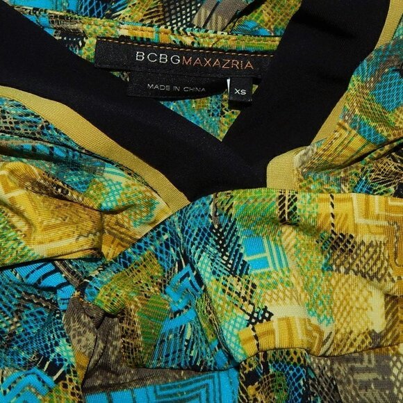 BCBGMaxazria Green Blue Black Print Stretch Jersey Halter Tie Belt Dress XS - Picture 4 of 4